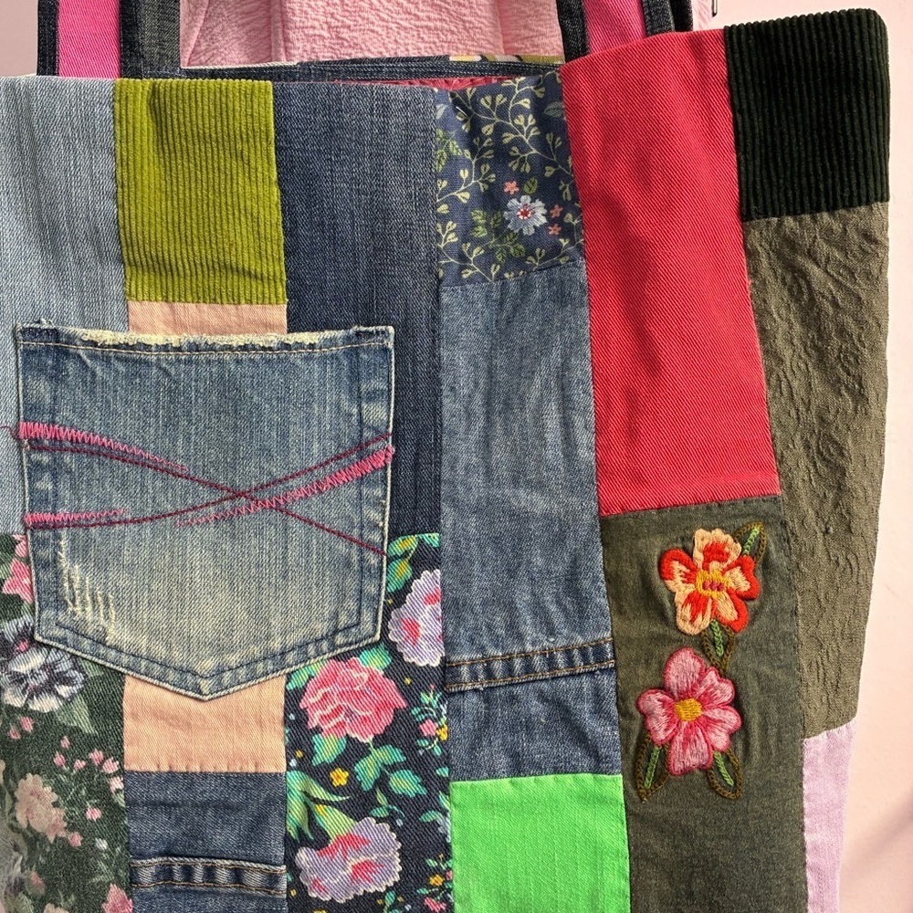 Handmade/Upcycled Shoulder/Tote, 17” x 15”, Multicolored, Floral, Denim - Picture 3 of 6